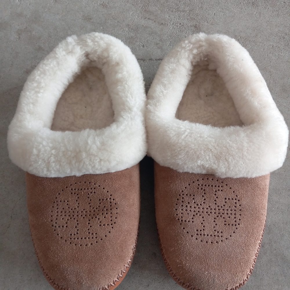 Tory Burch Chestnut Suede Shearling-Lined Slippers